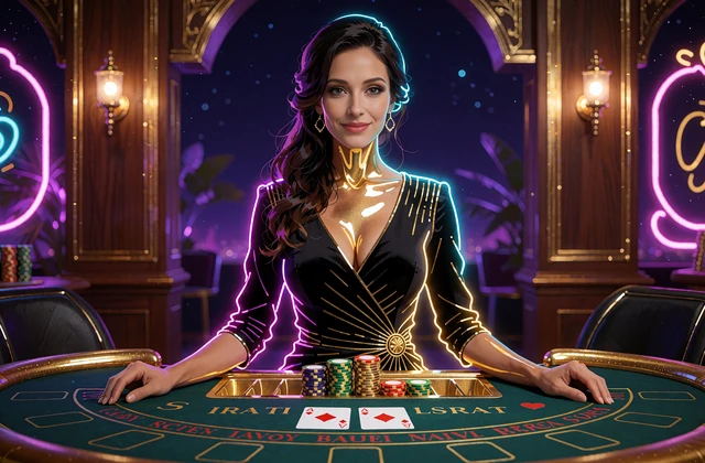 Blackjack live: uśmiechnięta krupierka w czarnej sukni przy zielonym stole z kartami i żetonami w studiu