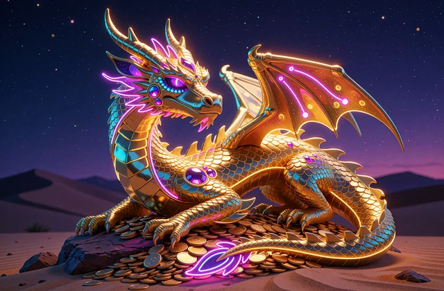Slot fantasy: zwinięty złoty smok z fioletowymi oczami na stosie monet na pustynnej skale o zmierzchu