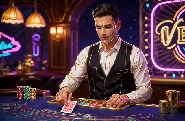 Baccarat live: krupier w kamizelce rozdaje kartę z drewnianego shoe na niebieskim stole w studiu z bursztynowymi lampami