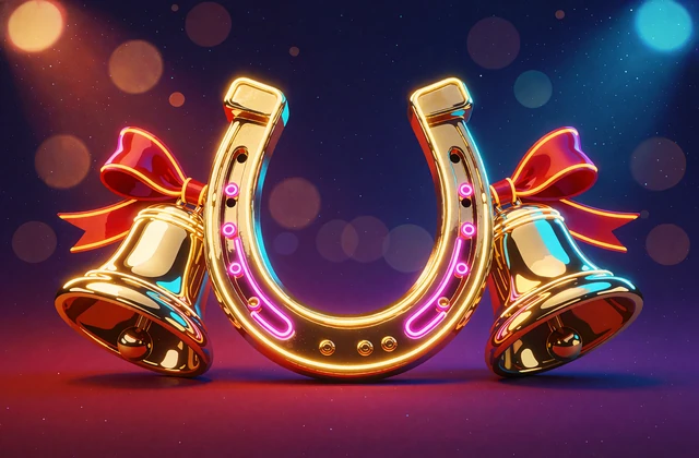 Klasyczny slot retro: złota podkowa i dwa dzwonki z czerwoną wstążką na czerwono-fioletowym tle z efektem bokeh