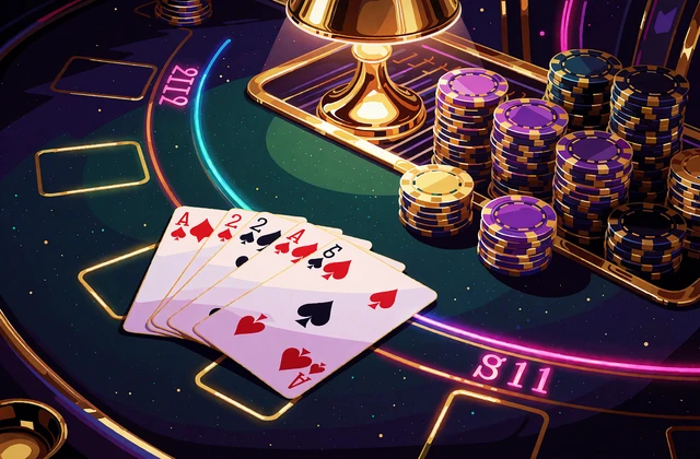 Blackjack live: zielone sukno z dwiema rozłożonymi rękami kart i wysokimi stosami fioletowych, złotych i czarnych żeton&oacute;w