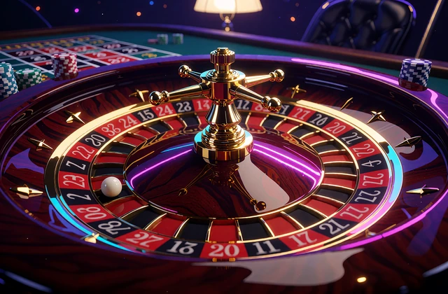 Ruletka live: mahoniowe koło ruletki z czerwonymi i czarnymi polami oraz złotą osią w kasynie live V.Vegas