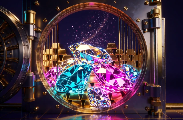 Slot z diamentami: stos błyszczących kamieni w kolorze cyjanu i magenty w otwartych drzwiach skarbca ze sztabkami złota