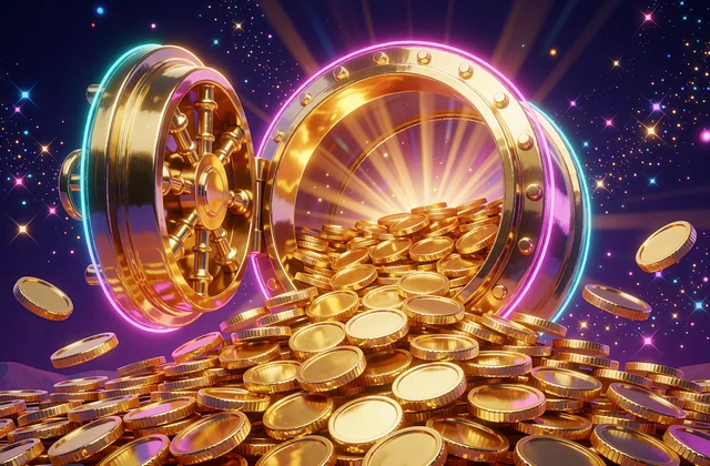 Jackpot: otwarty złoty skarbiec przelewający się kaskadą błyszczących monet w promieniach ciepłego światła na fioletowym tle